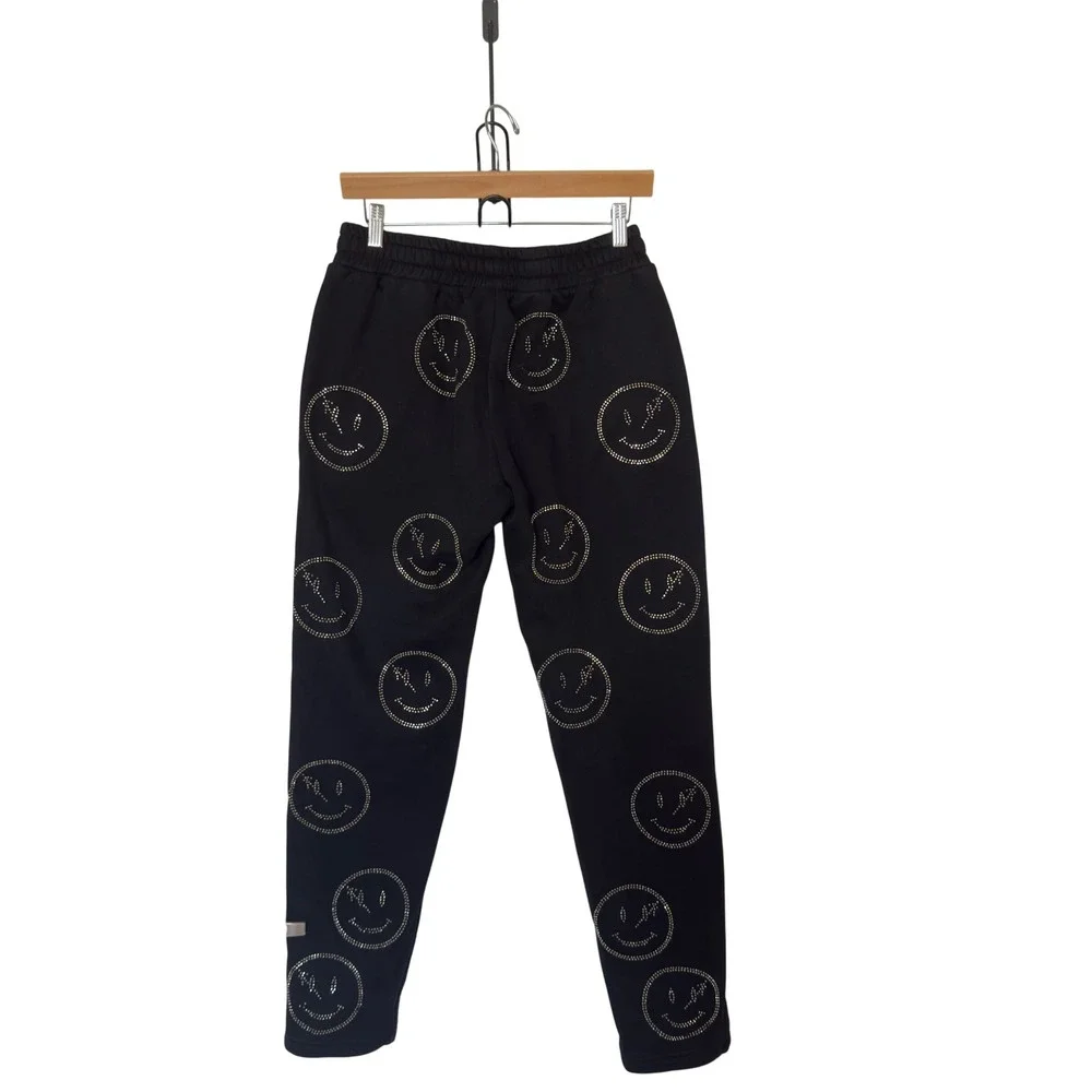 Retro Vert Men Medium Black All Over Rhinestones Smiley Face Sweatpants Indie